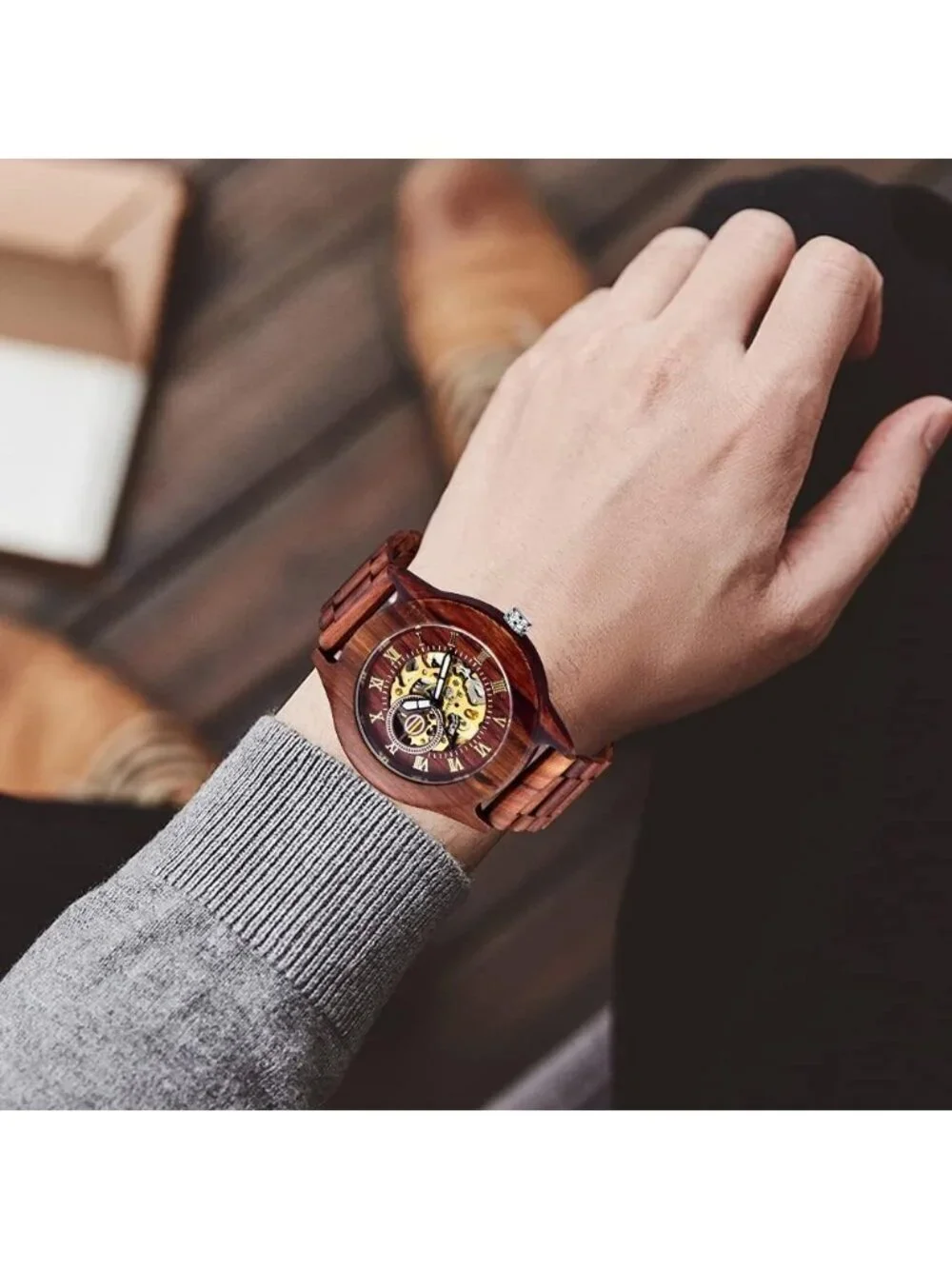 Men's All Red Analog Quartz No Battery Fashion Mechanical Movement Wooden Watch